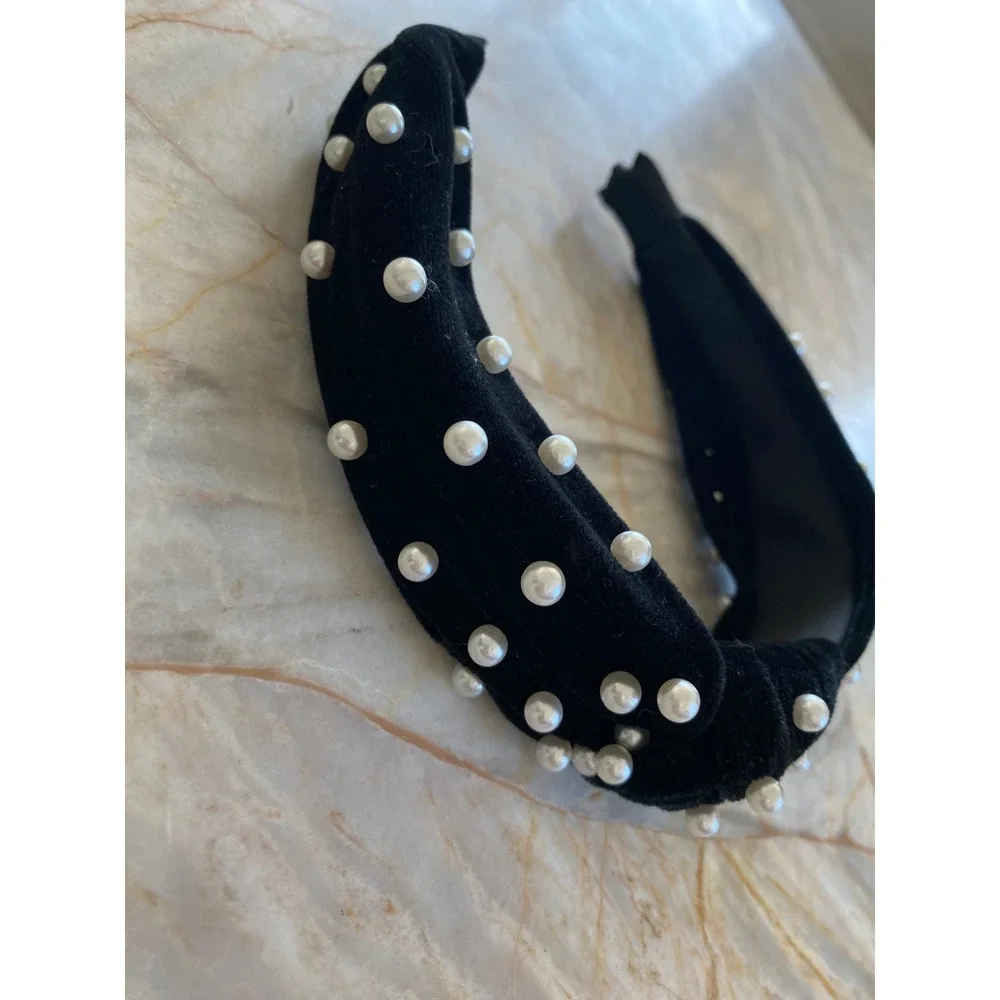 Black Velvet Faux Pearl Top Knot Headband Wide Statement Hair Accessory